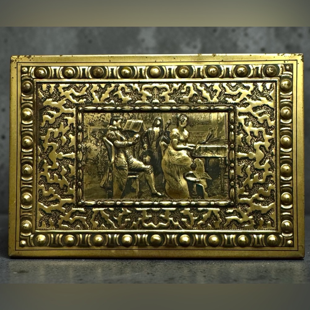 Vintage West Germany Embossed Tin Hinged Trinket Box Gold Tone 6" x 4-1/4" x 3"